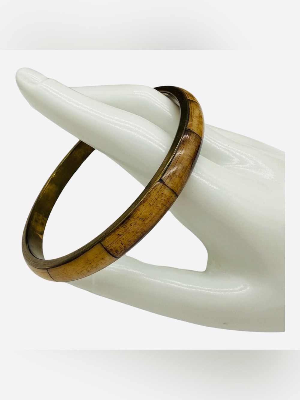 Vintage Inlaid Bone & Brass Bangle Bracelet - MCM Honey Brown